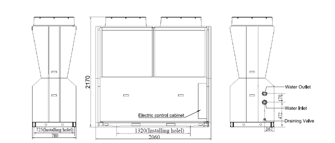 Diagramm der Abmessungen des Mycond Inverter Pro MCU-065YHDD.