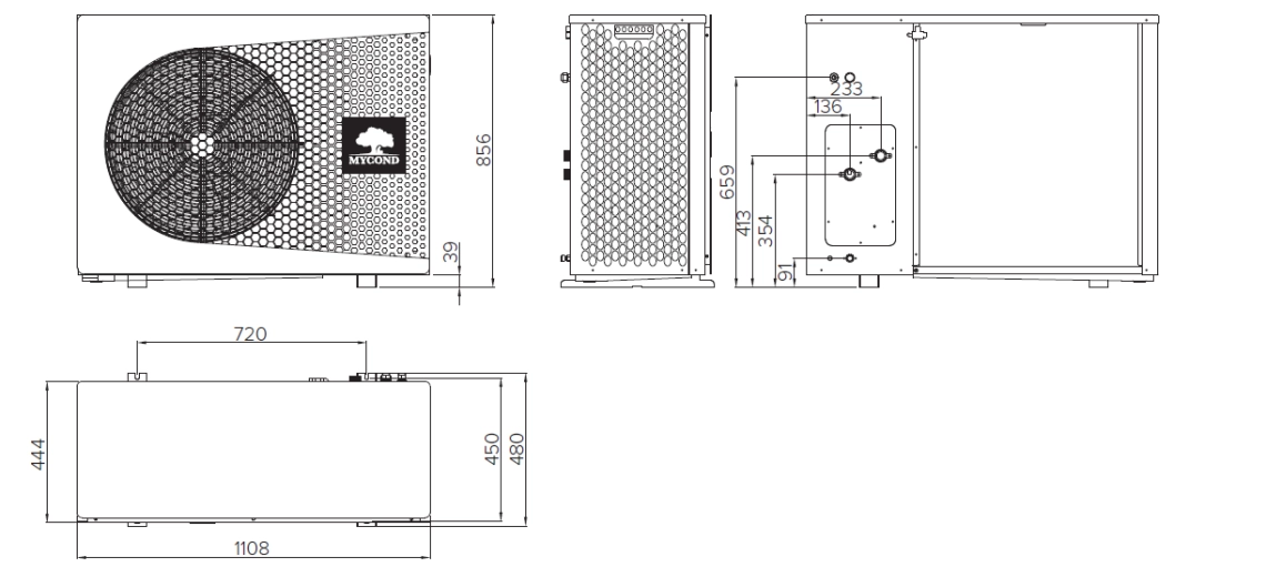 Diagramm der Abmessungen der Monoblock-Wärmepumpen der Serie MyCond BeeThermic.