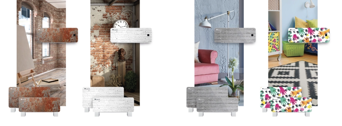 Modernes bodenstehendes Gebläsekonvektorgerät aus der Serie MyCond Silver Glass.