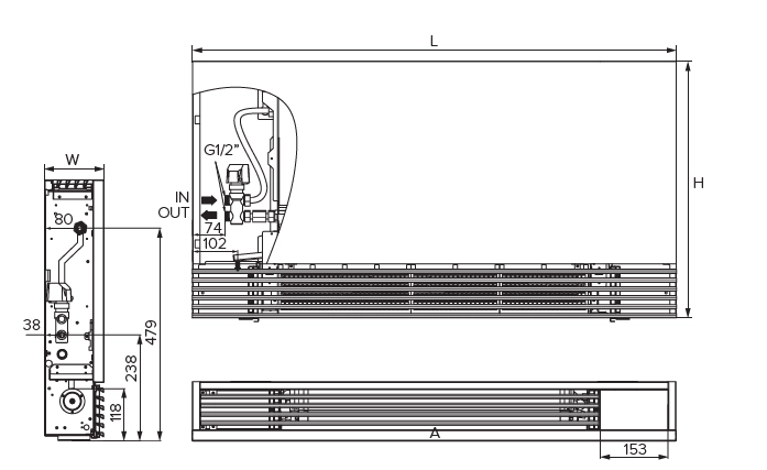 MyCon Silent Diagramm mit den Abmessungen der Standventilatorkonvektoren der Silent-Serie.