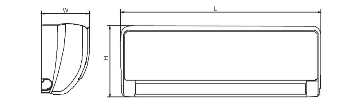 MyCond Diagramm mit den Abmessungen der wandmontierten Gebläsekonvektoren der Serie MHW.
